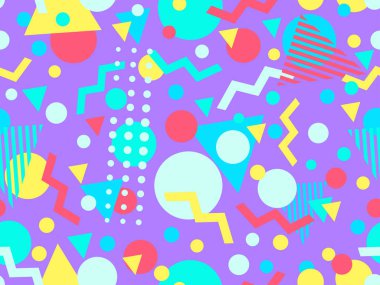 80 'ler ve 90' lar tarzında geometrik şekilli kusursuz Memphis deseni. Farklı şekil ve renklerin geometrik şekilleri. Promosyon ürünleri tasarımı, ambalaj kağıdı ve baskı. Vektör illüstrasyonu