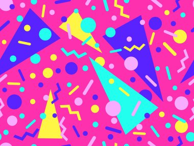 80 'lerin tarzında Memphis elementleriyle geometrik kusursuz desen. Renkli geometrik desen. Promosyon ürünleri tasarımı, ambalaj kağıdı ve baskı. Vektör illüstrasyonu