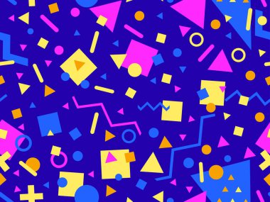 Memphis tarzında geometrik şekilli 80 'lerin kusursuz deseni. Daireler ve üçgenler. Promosyon ürünleri, afişler ve ambalaj kağıtları için renkli soyut bir arkaplan. Vektör illüstrasyonu