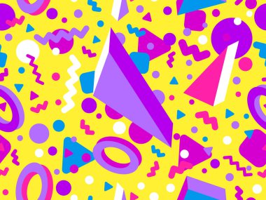 Memphis seamless pattern with 3d geometric shapes in 80s style. Colorful geometric pattern. Design of promotional products, wrapping paper and printing. Vector illustration