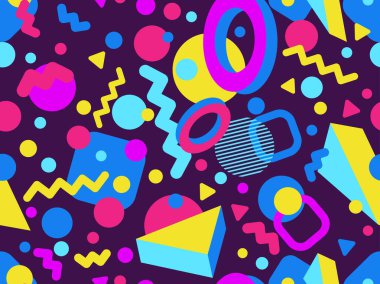 80lerin tarzında 3 boyutlu geometrik kusursuz desen. Üç boyutlu izometrik üçgenler, kareler ve daireler. Promosyon ürünleri, ambalaj kağıdı ve baskı için arka plan. Vektör illüstrasyonu