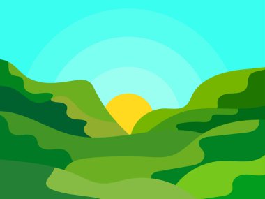Yeşil tepeli dalgalı bir manzara ve ufukta güneş var. Minimalist tarzda yeşil çayırlı şafak. Posterler, baskılar ve afişler için tasarım. Vektör illüstrasyonu