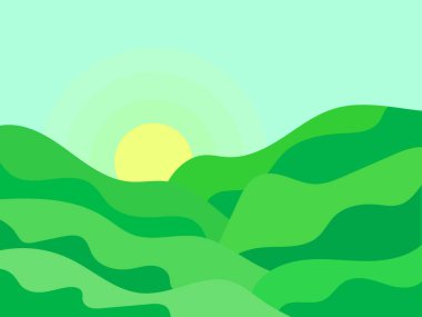 Yeşil tepeli dalgalı bir manzara ve ufukta güneş var. Minimalist tarzda yeşil çayırlı şafak. Posterler, baskılar ve afişler için tasarım. Vektör illüstrasyonu