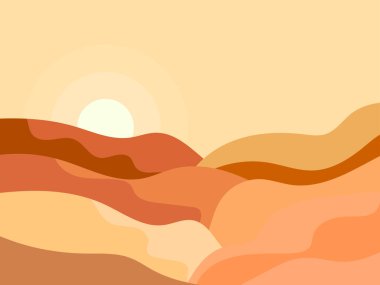 Minimalist tarzda dağ manzarası, kayalar ve kanyonlar. Dalgalı manzara, ufukta güneş var. Baskı, poster ve iç tasarım için Boho dekoru. Modern orta çağ dekoru. Vektör illüstrasyonu