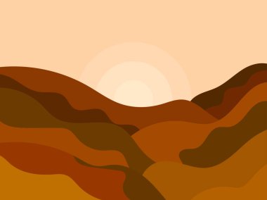 Minimalist tarzda dağ manzarası, kayalar ve kanyonlar. Dalgalı manzara, ufukta güneş var. Baskı, poster ve iç tasarım için Boho dekoru. Modern orta çağ dekoru. Vektör illüstrasyonu