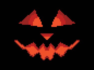 Mutlu Cadılar Bayramı korkunç balkabağı surat pikseli sanat stili. Balkabağına oyulmuş şeytani korkunç gözler. 2D 90ların 8- bit video oyunu. Oyunlar, uygulamalar, afişler ve posterler için tasarım. Vektör illüstrasyonu