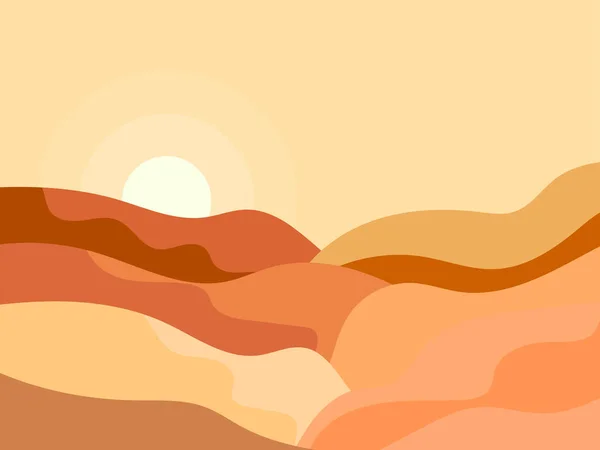 Горный Пейзаж Минималистском Стиле Скалы Каньоны Волнистый Пейзаж Солнцем Горизонте — стоковый вектор