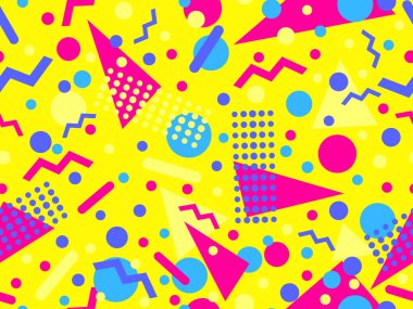 80 'ler ve 90' lar tarzında geometrik şekilli kusursuz Memphis deseni. Farklı şekil ve renklerin geometrik şekilleri. Promosyon ürünleri tasarımı, ambalaj kağıdı ve baskı. Vektör illüstrasyonu