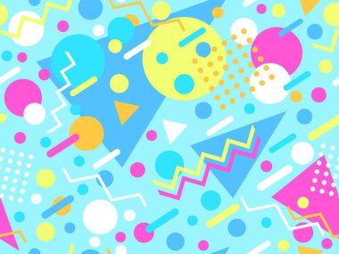 Memphis tarzında geometrik şekilli 80 'lerin kusursuz deseni. Daireler ve üçgenler. Promosyon ürünleri, afişler ve ambalaj kağıtları için renkli soyut bir arkaplan. Vektör illüstrasyonu