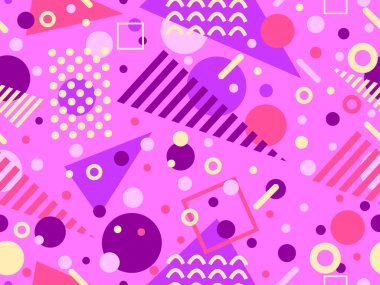 Memphis tarzında geometrik şekilli 80 'lerin kusursuz deseni. Daireler ve üçgenler. Promosyon ürünleri, afişler ve ambalaj kağıtları için renkli soyut bir arkaplan. Vektör illüstrasyonu