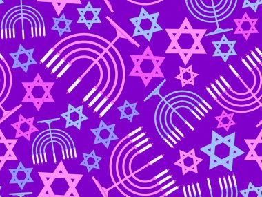 Menorah ile dokuz mum ve Davut yıldızlı Hanuka desenleri. Işık saçan Hanuka mumları. Tebrik kartları, afişler ve promosyon ürünleri tasarımı. Vektör illüstrasyonu