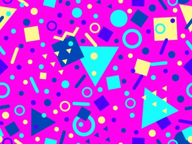 Memphis tarzında geometrik şekilli 80 'lerin kusursuz deseni. Daireler ve üçgenler. Promosyon ürünleri, afişler ve ambalaj kağıtları için renkli soyut bir arkaplan. Vektör illüstrasyonu