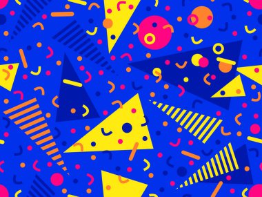 80 'ler ve 90' lar tarzında geometrik şekilli kusursuz Memphis deseni. Farklı şekil ve renklerin geometrik şekilleri. Promosyon ürünleri tasarımı, ambalaj kağıdı ve baskı. Vektör illüstrasyonu