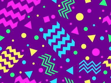 80 'lerin tarzında Memphis elementleriyle geometrik kusursuz desen. Renkli geometrik desen. Promosyon ürünleri tasarımı, ambalaj kağıdı ve baskı. Vektör illüstrasyonu