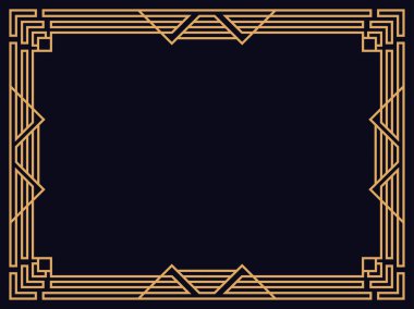 Art deco çerçeve. Klasik doğrusal sınır. Davetiyeler, broşürler ve tebrik kartları için bir şablon tasarla. Geometrik altın çerçeveli. 1920 'lerin tarzı - 1930' lar. Vektör illüstrasyonu