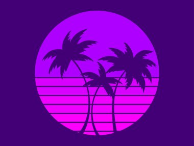 Tropical palm trees at sunset in a futuristic 80s style. Summer time, silhouettes of palm trees in synthwave and retrowave style. Design of advertising booklets and banners. vector illustration