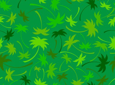 Yeşil palmiye ağaçlarıyla kusursuz desen. Yaz zamanı, tropik palmiye ağaçları desenli duvar kağıdı. Tişört, pankart ve promosyon ürünleri için tasarım. Vektör illüstrasyonu