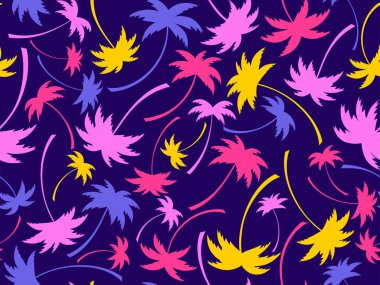 Renkli palmiye ağaçlarıyla kusursuz desen. Yaz zamanı, tropik palmiye ağaçları desenli duvar kağıdı. Tişört, pankart ve promosyon ürünleri için tasarım. Vektör illüstrasyonu