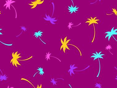 Renkli palmiye ağaçları pürüzsüz desenli. Yaz zamanı, tropik palmiye ağaçları desenli duvar kağıdı. Tişört, pankart ve promosyon ürünleri için tasarım. Vektör illüstrasyonu