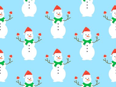 Şapkalı, eşarplı ve eldivenli kardan adamlar. Üç toplu kardan adamla kışın Noel arkaplanı. Ambalaj kağıtları, afişler ve promosyon ürünleri için Xmas tasarımı. Vektör illüstrasyonu