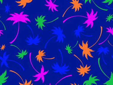 Renkli palmiye ağaçlarıyla kusursuz desen. Yaz zamanı, tropik palmiye ağaçları desenli duvar kağıdı. Tişört, pankart ve promosyon ürünleri için tasarım. Vektör illüstrasyonu