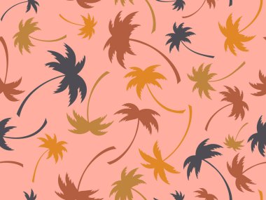 Farklı renklerde palmiye ağaçları olan pürüzsüz bir desen. Yaz zamanı, tropik palmiye ağaçları desenli duvar kağıdı. Tişört, pankart ve promosyon ürünleri için tasarım. Vektör illüstrasyonu