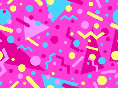 80 'lerin tarzında Memphis elementleriyle geometrik kusursuz desen. Renkli geometrik desen. Promosyon ürünleri tasarımı, ambalaj kağıdı ve baskı. Vektör illüstrasyonu