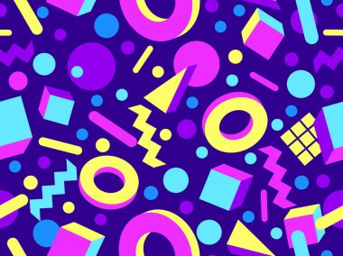 80 'lerin tarzında 3 boyutlu geometrik kusursuz desen. Üç boyutlu izometrik üçgenler, zikzaklar ve daireler. Geometrik memphis tarzı. Promosyon ürünleri, ambalaj kağıdı ve baskı için tasarım. Vektör illüstrasyonu