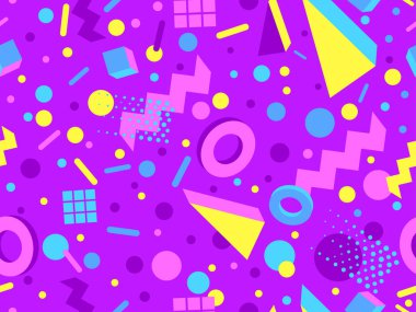 80 'lerin tarzında 3 boyutlu geometrik kusursuz desen. Üç boyutlu izometrik üçgenler, zikzaklar ve daireler. Geometrik memphis tarzı. Promosyon ürünleri, ambalaj kağıdı ve baskı için tasarım. Vektör illüstrasyonu