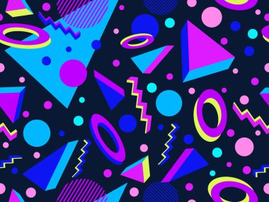 80 'lerin tarzında 3 boyutlu geometrik kusursuz desen. Üç boyutlu izometrik üçgenler, zikzaklar ve daireler. Geometrik memphis tarzı. Promosyon ürünleri, ambalaj kağıdı ve baskı için tasarım. Vektör illüstrasyonu