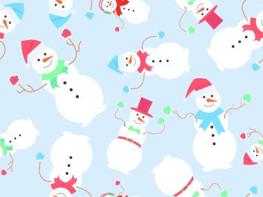 Kardan adam kusursuz desen. Takım elbise için şapka, eşarp, eldiven, kulaklık ve papyon takan kardan adamlar. Üç kardan yapılmış kardan adam. Pankart ve poster için Xmas tasarımı. Vektör illüstrasyonu