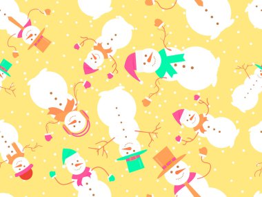 Kardan adam kusursuz desen. Şapka, atkı, eldiven ve kravat takmış kardan adamlar. Üç kardan yapılmış kardan adam. Pankart ve poster için Xmas tasarımı. Vektör illüstrasyonu