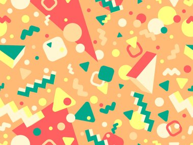 80 'lerin tarzında 3 boyutlu geometrik kusursuz desen. Üç boyutlu izometrik üçgenler, zikzaklar ve daireler. Geometrik memphis tarzı. Promosyon ürünleri, ambalaj kağıdı ve baskı için tasarım. Vektör illüstrasyonu