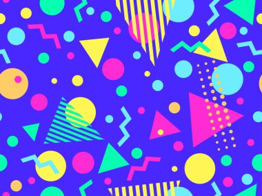 80 'lerin tarzında Memphis elementleriyle geometrik kusursuz desen. Renkli geometrik desen. Promosyon ürünleri tasarımı, ambalaj kağıdı ve baskı. Vektör illüstrasyonu