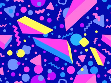 80 'lerin tarzında 3 boyutlu geometrik kusursuz desen. Üç boyutlu izometrik üçgenler, zikzaklar ve daireler. Geometrik memphis tarzı. Promosyon ürünleri, ambalaj kağıdı ve baskı için tasarım. Vektör illüstrasyonu