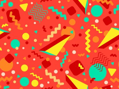 80 'lerin tarzında 3 boyutlu geometrik kusursuz desen. Üç boyutlu izometrik üçgenler, zikzaklar ve daireler. Geometrik memphis tarzı. Promosyon ürünleri, ambalaj kağıdı ve baskı için tasarım. Vektör illüstrasyonu