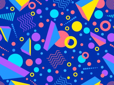 80 'lerin tarzında 3 boyutlu geometrik kusursuz desen. Üç boyutlu izometrik üçgenler, zikzaklar ve daireler. Geometrik memphis tarzı. Promosyon ürünleri, ambalaj kağıdı ve baskı için tasarım. Vektör illüstrasyonu