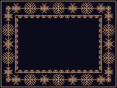 Kar taneli Art deco tarzı çerçeve. Kar tanesiyle sanat tarzında kış eskimiş doğrusal sınırı. Noel çerçevesi davetiyeler, broşürler ve tebrik kartları için bir şablon tasarlıyor. Vektör illüstrasyonu