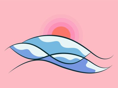 Sanat tarzında karlı tepeleri olan kış manzarası. Minimalist bir tarzda dağ gündoğumu. Karlı tepelerin manzarası. Posterler, afişler ve promosyon ürünleri için tasarım. Vektör illüstrasyonu