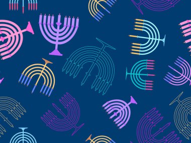 Menorah ve dokuz mumlu Hanuka deseni. Işık saçan Hanuka mumları. Tebrik kartları, afişler ve promosyon ürünleri tasarımı. Vektör illüstrasyonu