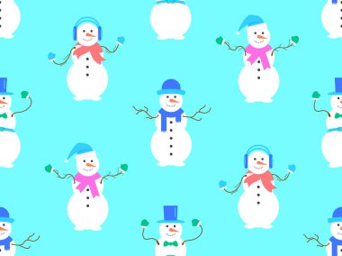 Üç kartopundan yapılmış kardan adam desenli Noel. Burnu yerine havuç olan, atkı ve eldiven takan ve başında Noel Baba şapkası olan bir kardan adam. Vektör illüstrasyonu