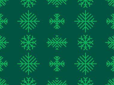 Yeşil zemin üzerinde kar taneleri olan kışın pürüzsüz deseni. Farklı şekillerde geometrik kar taneleri. Duvar kağıtları, ambalaj kağıtları, afişler ve posterler için tasarım. Vektör illüstrasyonu