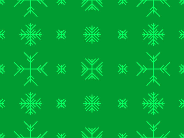 Зимний бесшовный узор со снежинками на зеленом фоне. Геометрические снежинки разных форм. Дизайн обоев, оберточной бумаги, баннеров и плакатов. Векторная иллюстрация