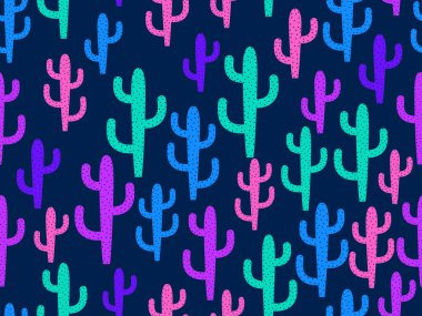 Kaktüs dikişsiz desen. Çöl kaktüsü Carnegia. Modern tarzda dikenleri olan çok renkli kaktüsler. Büyük bir Meksika kaktüsü. Afişlerin ve afişlerin tasarımı. Vektör illüstrasyonu