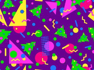 80 'lerin Memphis tarzında geometrik şekilli kusursuz bir Noel deseni. Noel desenli köknar ağaçları, Noel süslemeleri ve ambalajlar ve afişler için geometrik şekiller. Vektör illüstrasyonu
