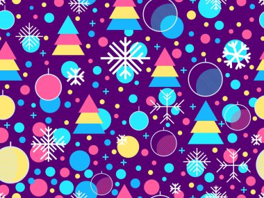 80 'lerin Memphis tarzında geometrik şekilli kusursuz bir Noel deseni. Noel desenli köknar ağaçları, Noel süslemeleri ve ambalajlar ve afişler için geometrik şekiller. Vektör illüstrasyonu