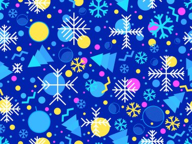 80 'lerin Memphis tarzında geometrik şekilli kusursuz bir Noel deseni. Noel desenli köknar ağaçları, Noel süslemeleri ve ambalajlar ve afişler için geometrik şekiller. Vektör illüstrasyonu