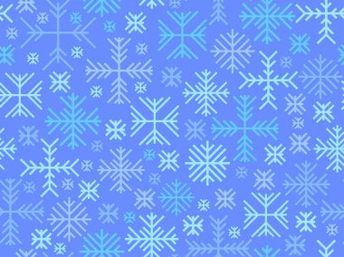 Kar taneleri pürüzsüz desenli. Kış arkaplanı geometrik kar taneleri farklı şekil ve renklerde. Ambalaj kağıdı, afiş ve poster için Noel ve Yeni Yıl tasarımı. Vektör illüstrasyonu