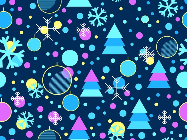 80 'lerin Memphis tarzında geometrik şekilli kusursuz bir Noel deseni. Noel desenli köknar ağaçları, Noel süslemeleri ve ambalajlar ve afişler için geometrik şekiller. Vektör illüstrasyonu