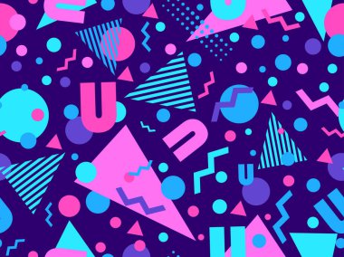 80 'ler ve 90' lar tarzında geometrik şekilli kusursuz Memphis deseni. Farklı şekil ve renklerin geometrik şekilleri. Promosyon ürünleri tasarımı, ambalaj kağıdı ve baskı. Vektör illüstrasyonu